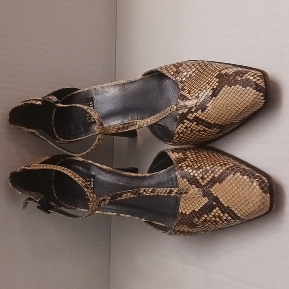 Stuart Weitzman Shoes - Stuart Weitzman size 7B women's snake print t-strap high-heel shoe brown cream.